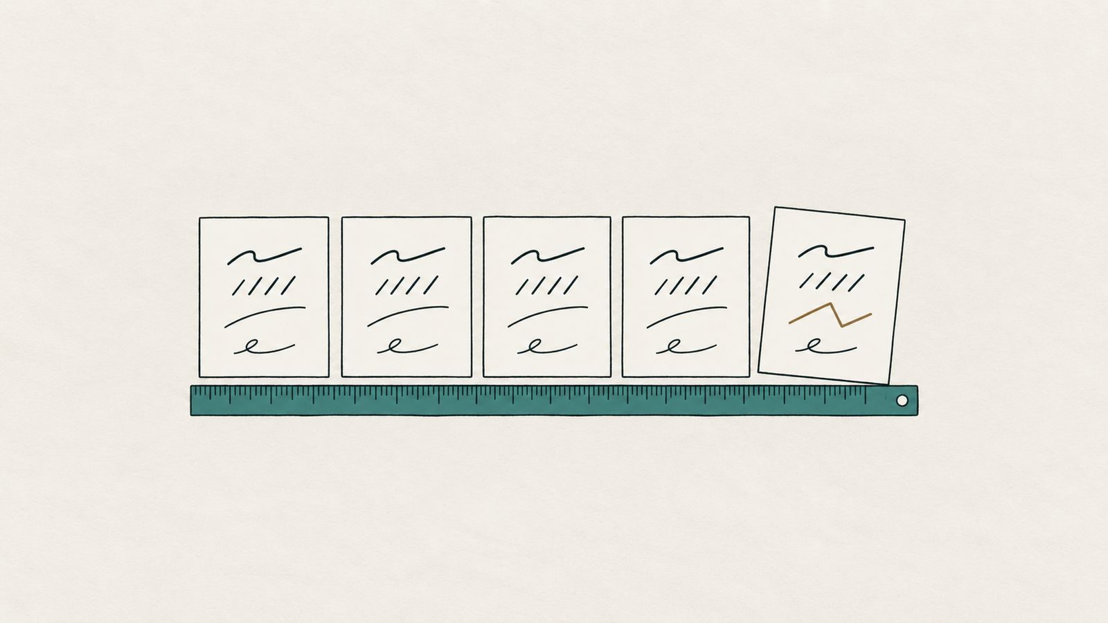 Line drawing of five index cards being aligned with a straightedge, one card slightly different from the rest