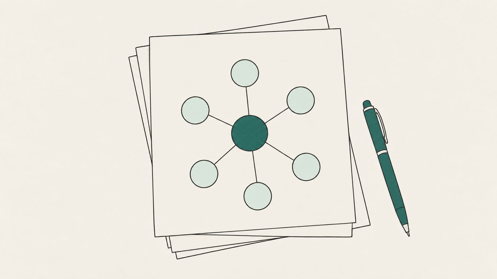 Line drawing of a desk with sheets of paper, a pen and a small network diagram sketched on the top sheet