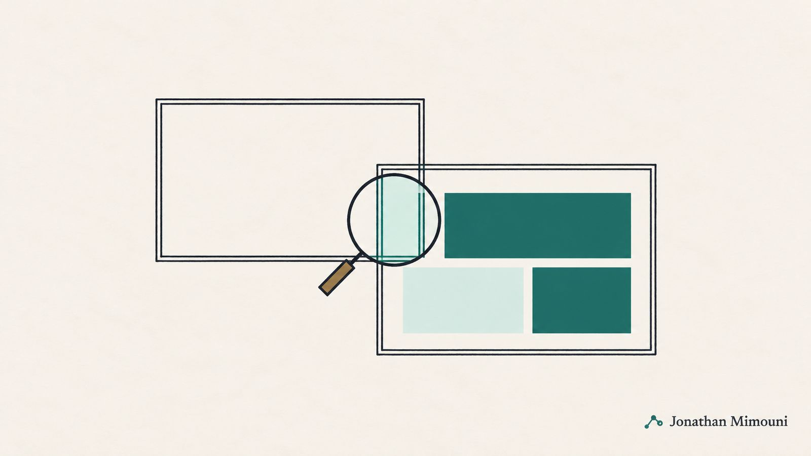 A magnifying glass overlaps an empty window frame and a second frame containing visible content blocks.