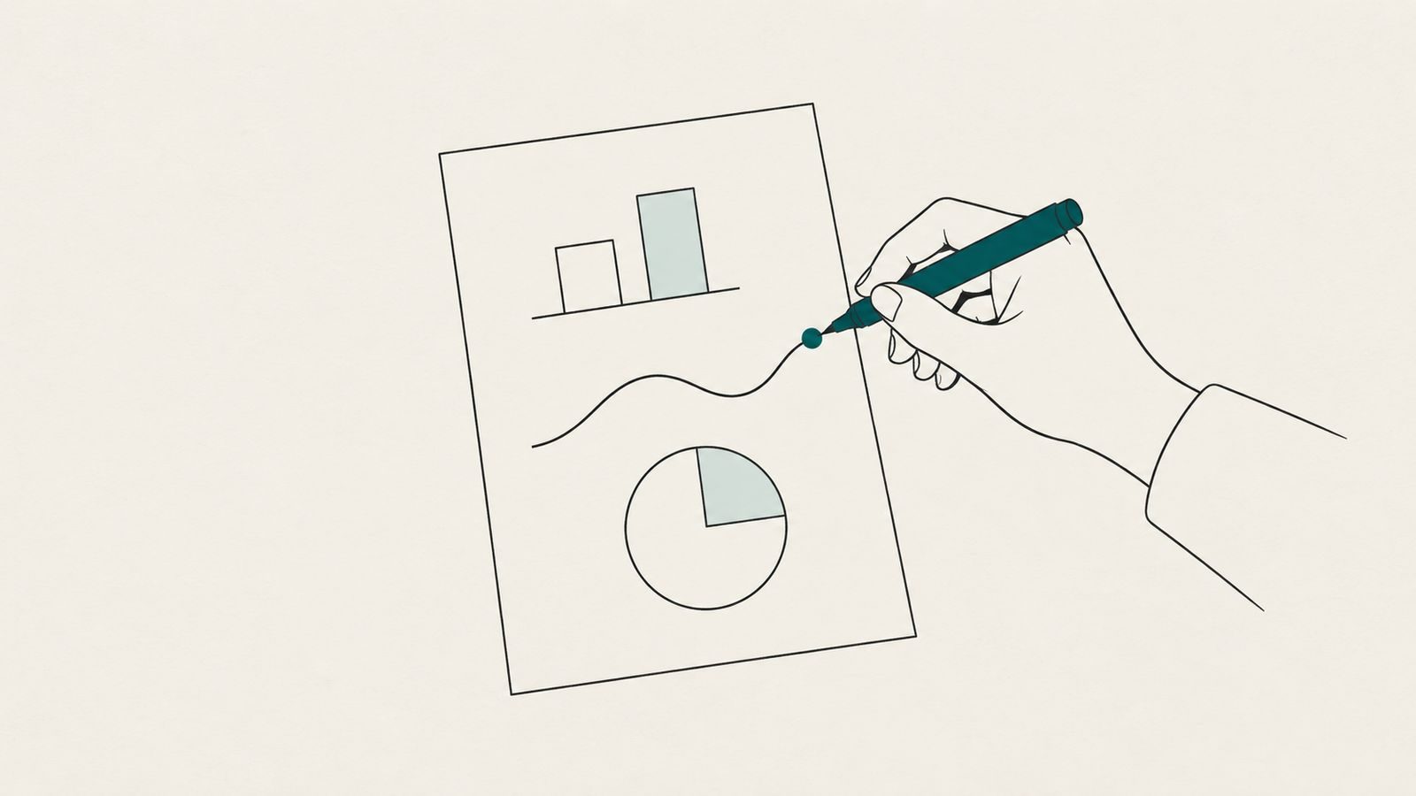 Line drawing of a report page with three simple shapes and a hand placing a teal marker on one of them