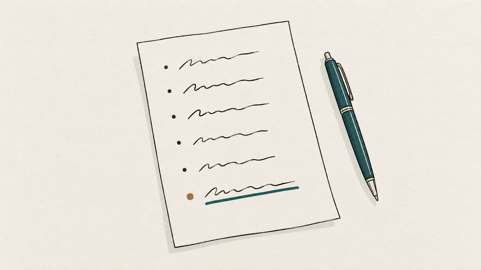 Line drawing of a one-page brief with a short list, one line underlined in teal, and a pen beside it