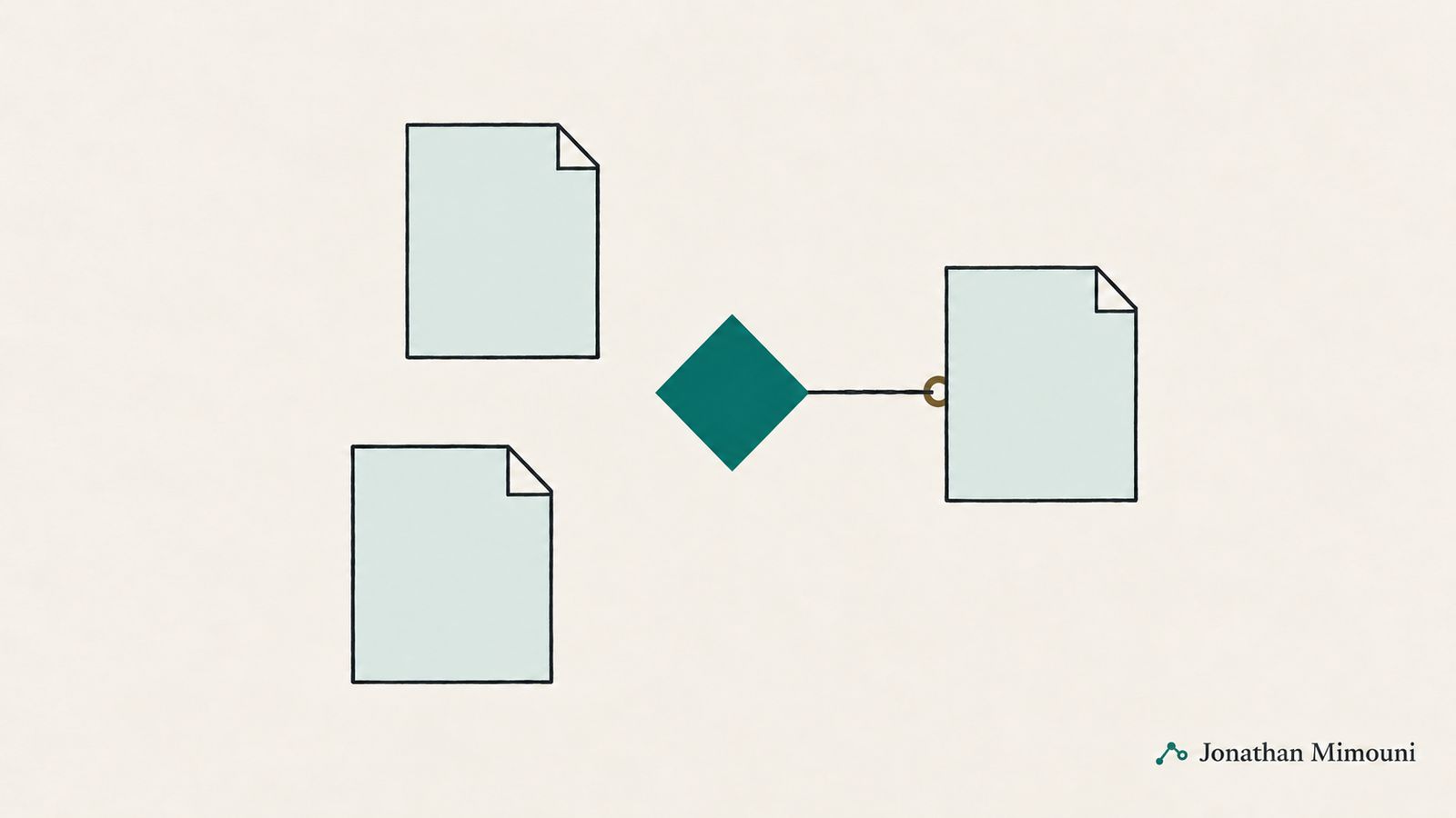 Three editorial sheets surround a geometric symbol, with a single connection joining one sheet to the center.