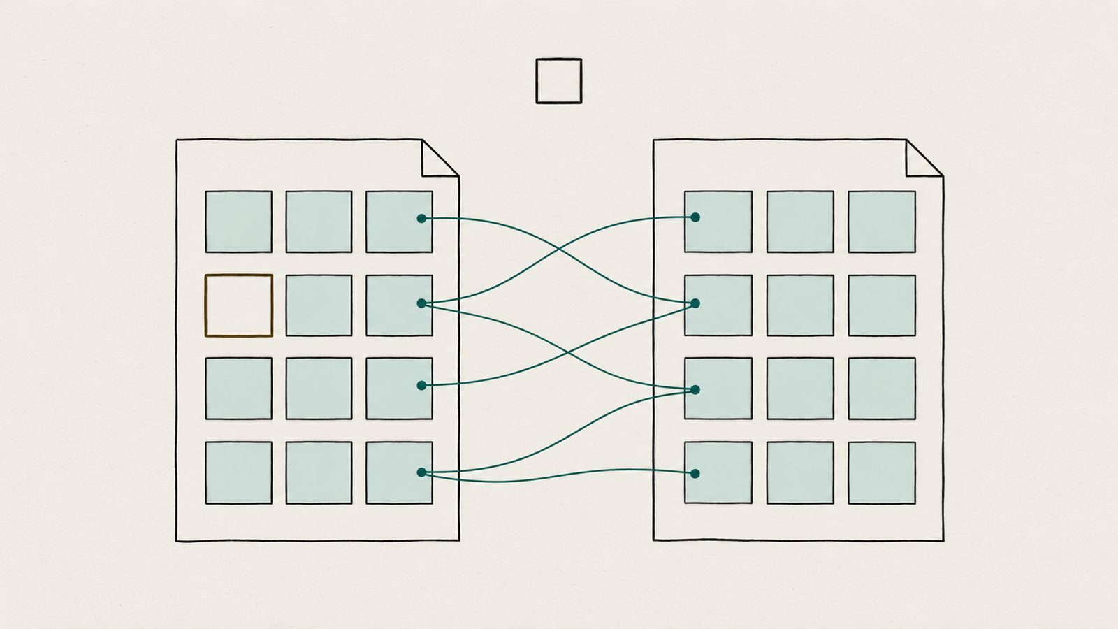Line drawing of two page grids connected by teal lines, with one page left unmatched